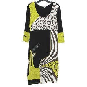 Linea Domani Abstract Patchwork Black Green Dress 3/4 Sleeve Y2K Art To Wear L